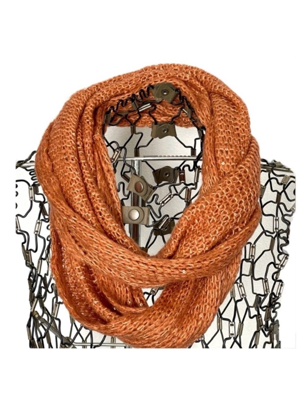 Infinity loop knit scarf, orange, sequins, crocheted yarn